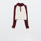 cropped white and burgundy sweater with neck zipper