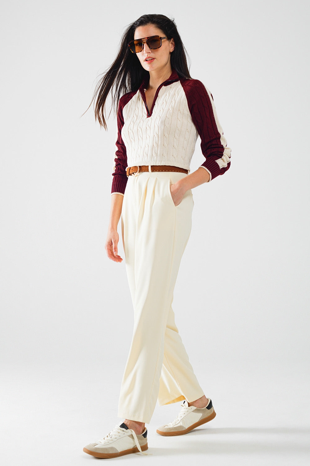 cropped white and burgundy sweater with neck zipper