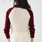 cropped white and burgundy sweater with neck zipper