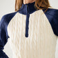 cropped white and navy sweater with neck zipper