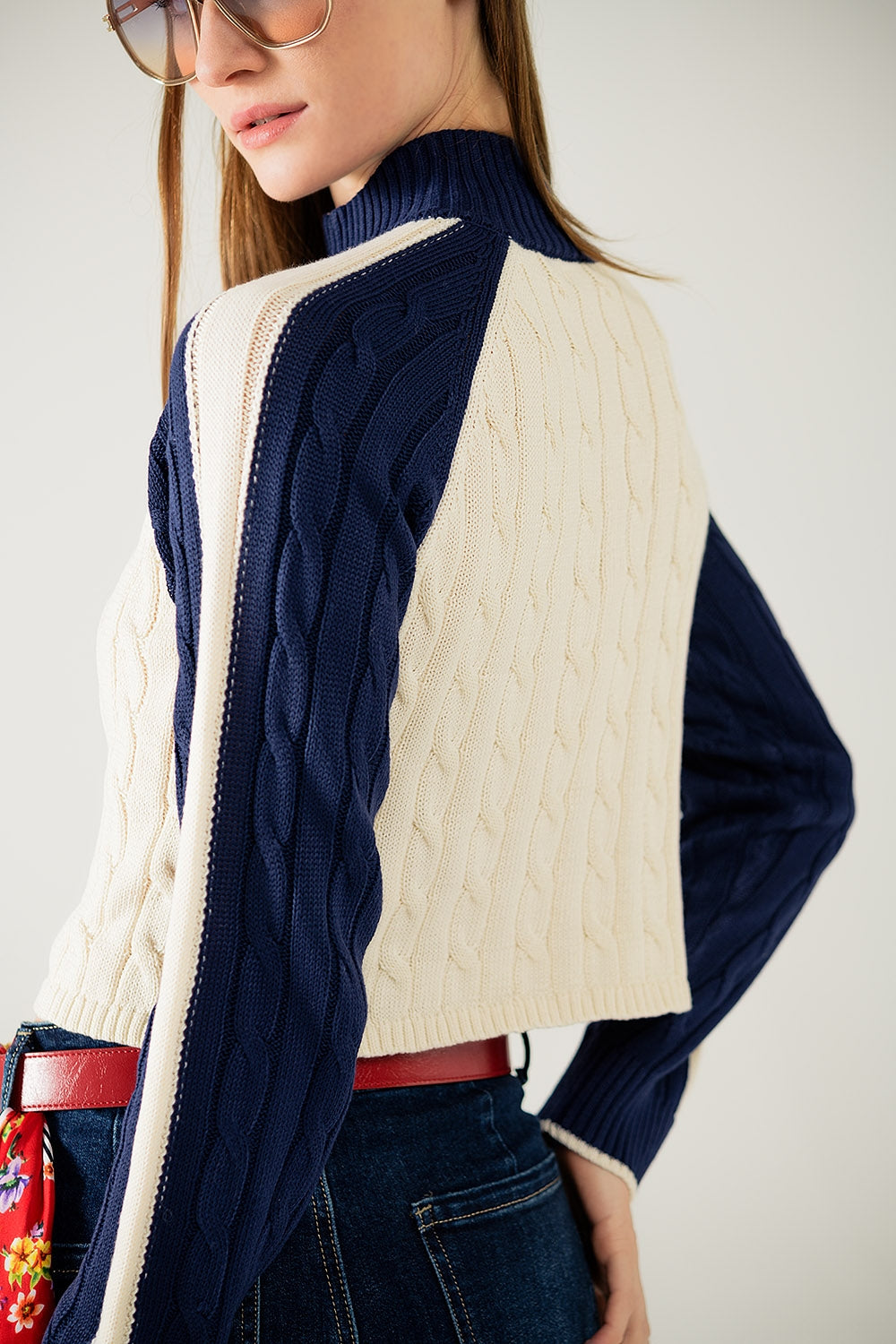 cropped white and navy sweater with neck zipper