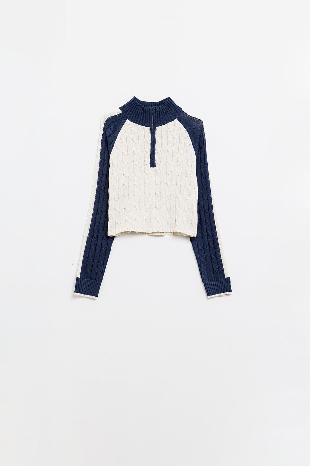 cropped white and navy sweater with neck zipper