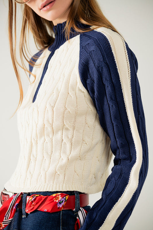 cropped white and navy sweater with neck zipper