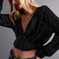 Q2 Cross over cropped and sheer top with sequins in black