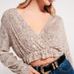 Cross over cropped and sheer top with sequins in gold