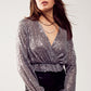 Q2 Cross over cropped and sheer top with sequins in silver