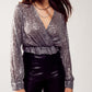 Cross over cropped and sheer top with sequins in silver