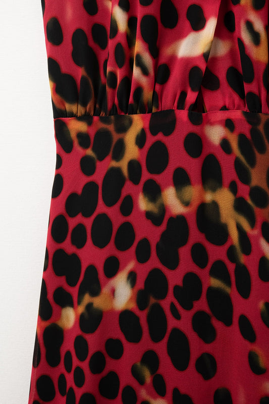 Crossed halter Neck long Dress in Red and Black Animal Print