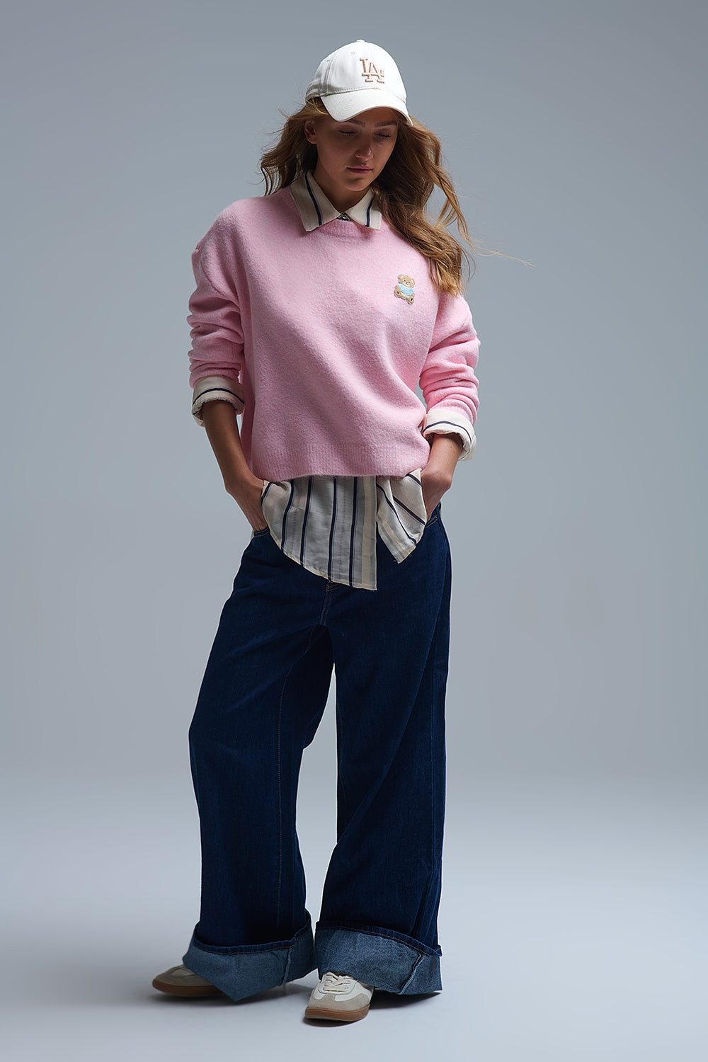 Cute Pink Cropped Bear Patch Sweater