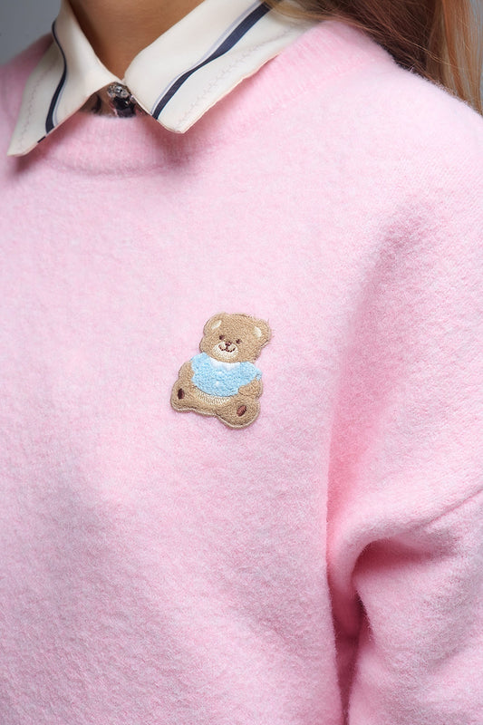 Cute Pink Cropped Bear Patch Sweater
