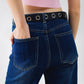 Dark Blue denim Straight Jeans With Folded Hem