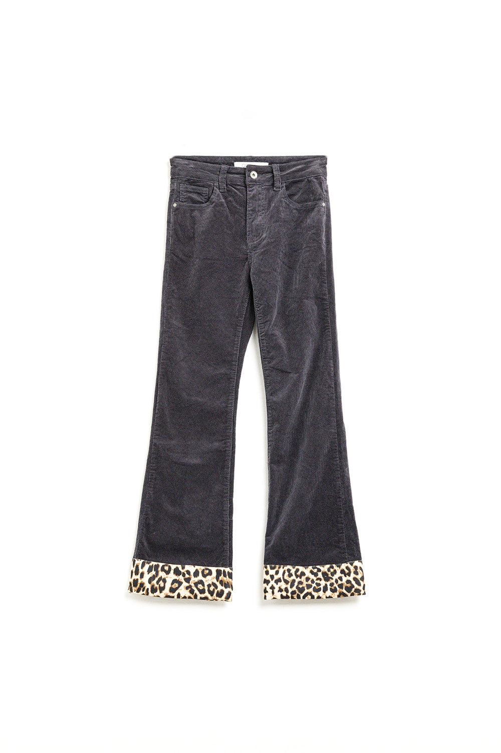 Q2 Dark grey Corduroy flare pants with leopard print at the bottom