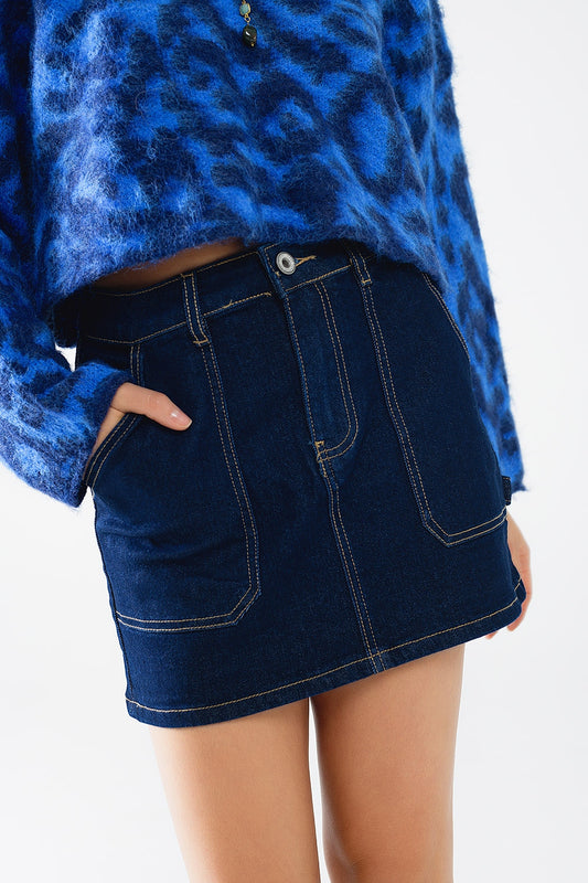 Dark wash denim mini skirt with front pockets