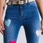 Dark Wash Skinny Jeans With Hearts Surrounded With Studds