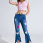 Dark Wash Skinny Jeans With Hearts Surrounded With Studds