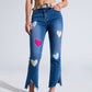 Dark Wash Skinny Jeans With Hearts Surrounded With Studds