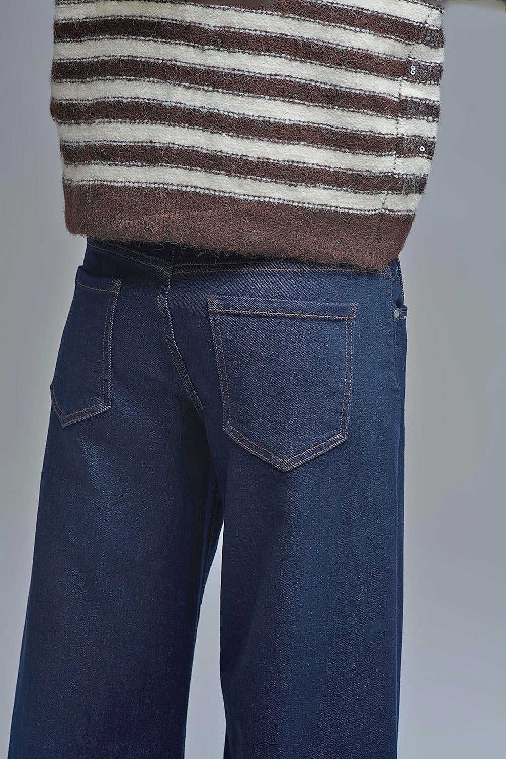 Dark Wash Wide Leg Jeans With Contrasting Stitching