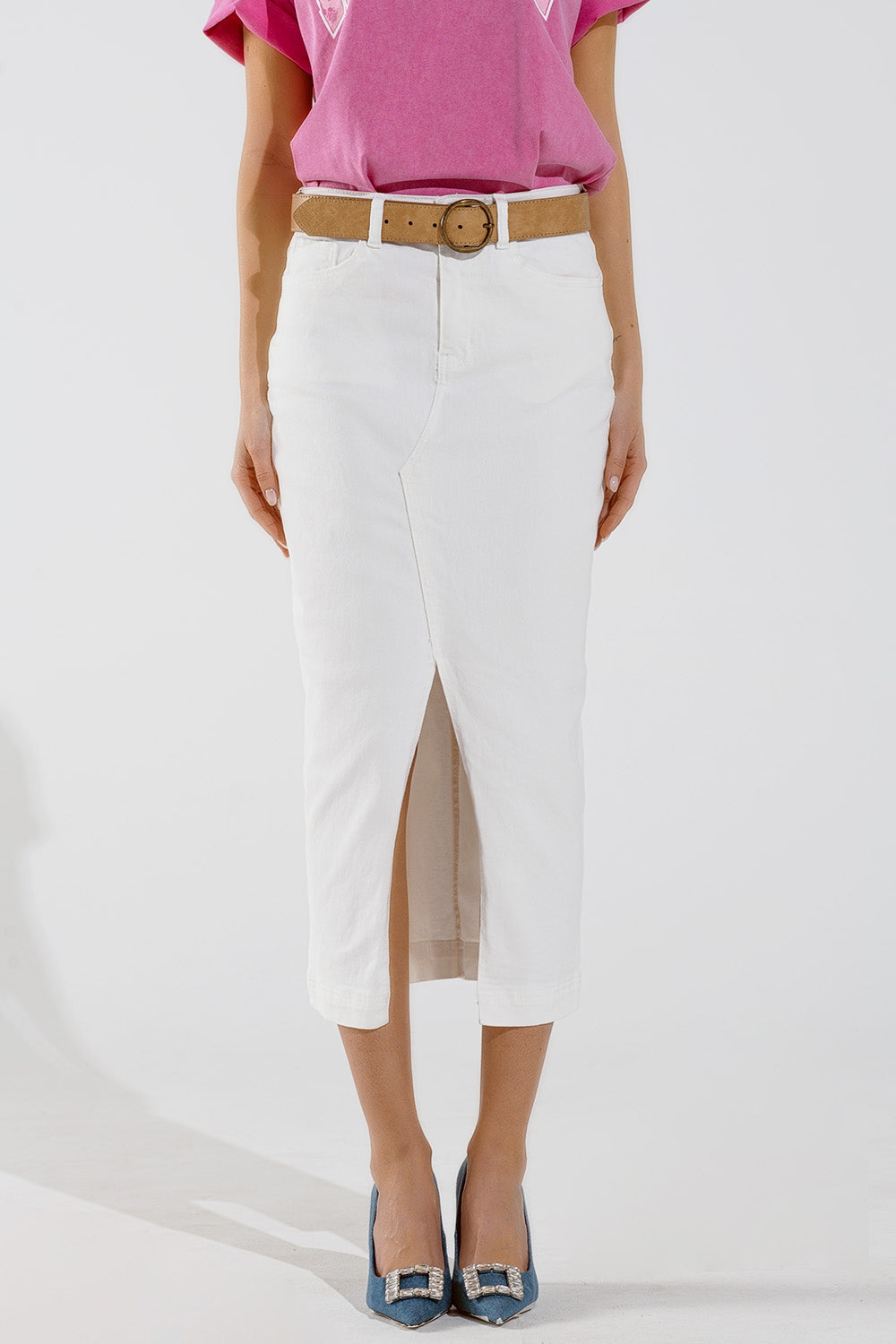 Q2 Denim  Maxi Skirt With Split in The Front In White