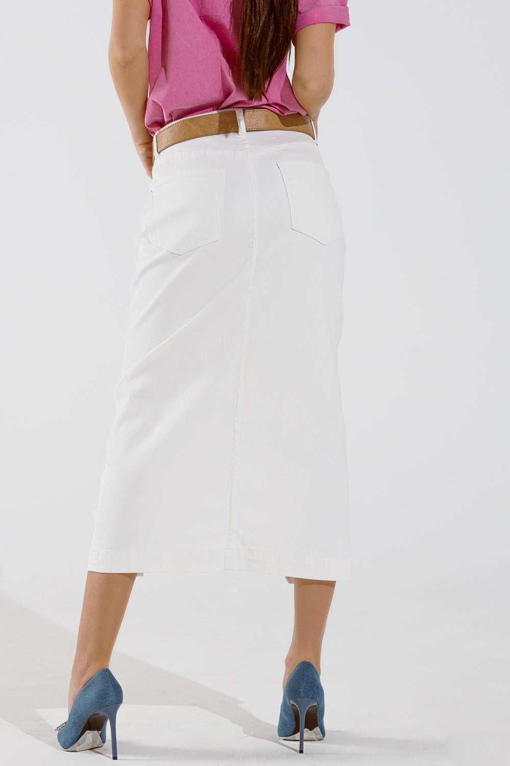 Denim  Maxi Skirt With Split in The Front In White