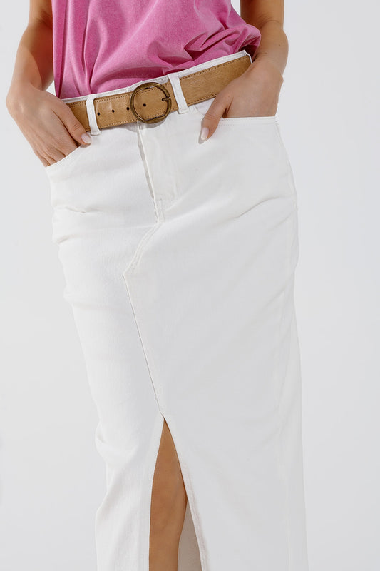 Denim  Maxi Skirt With Split in The Front In White