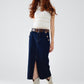 Denim Skirt With Front Slit And Gold Buttons on Sides