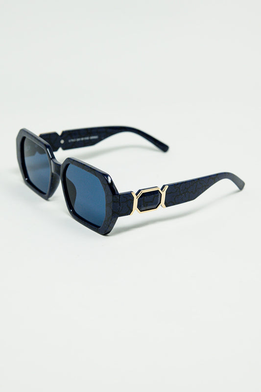 Diamond-Shaped Sunglasses In Black with Deep Blue Lenses