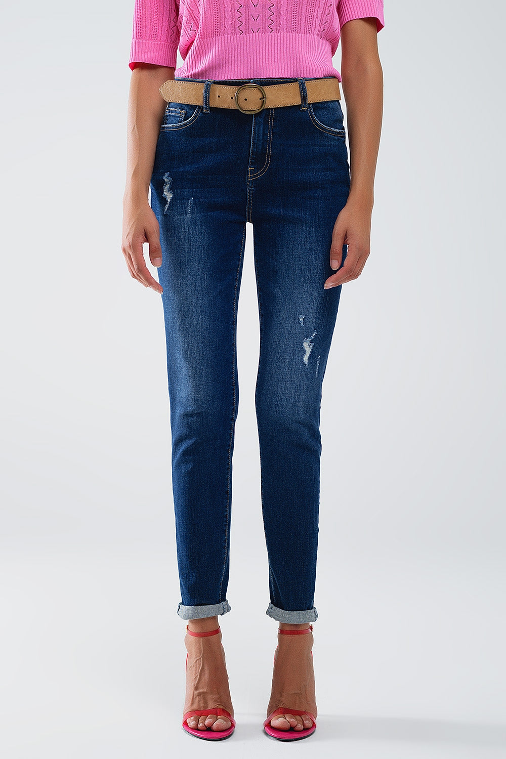 Q2 Distressed Dark Wash super Skinny Jeans In Stretch Denim