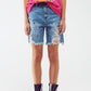 Distressed Embellished Bermuda Shorts in Light Wash