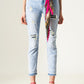 Q2 Distressed straight jeans with hem detail in blue