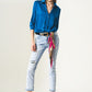 Distressed straight jeans with hem detail in blue