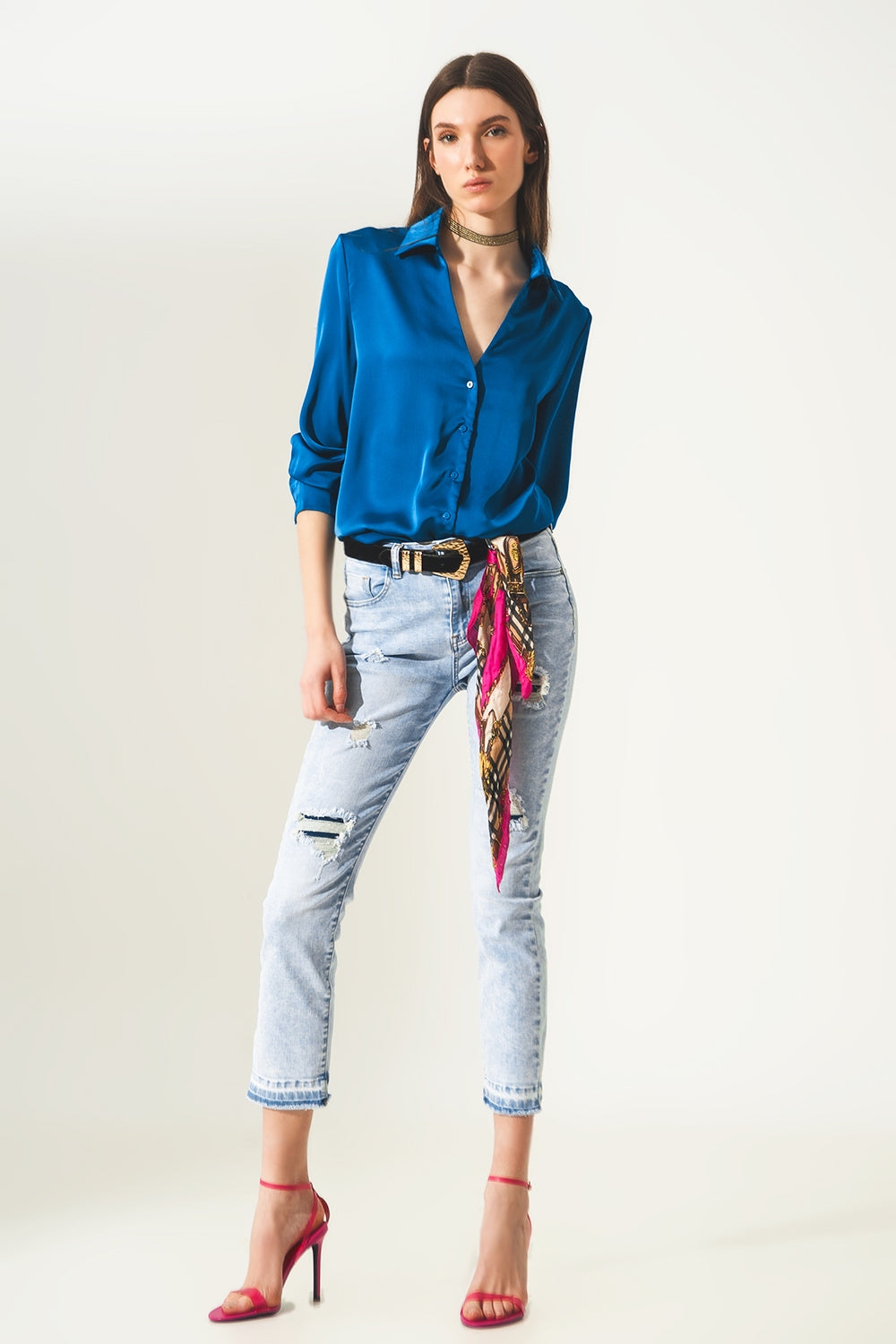 Distressed straight jeans with hem detail in blue