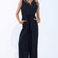 draped black jumpsuit in crinkled fabric