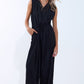 Q2 draped black jumpsuit in crinkled fabric