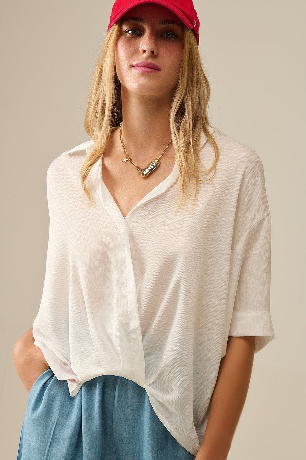 Q2 Draped Short Sleeve Blouse in White