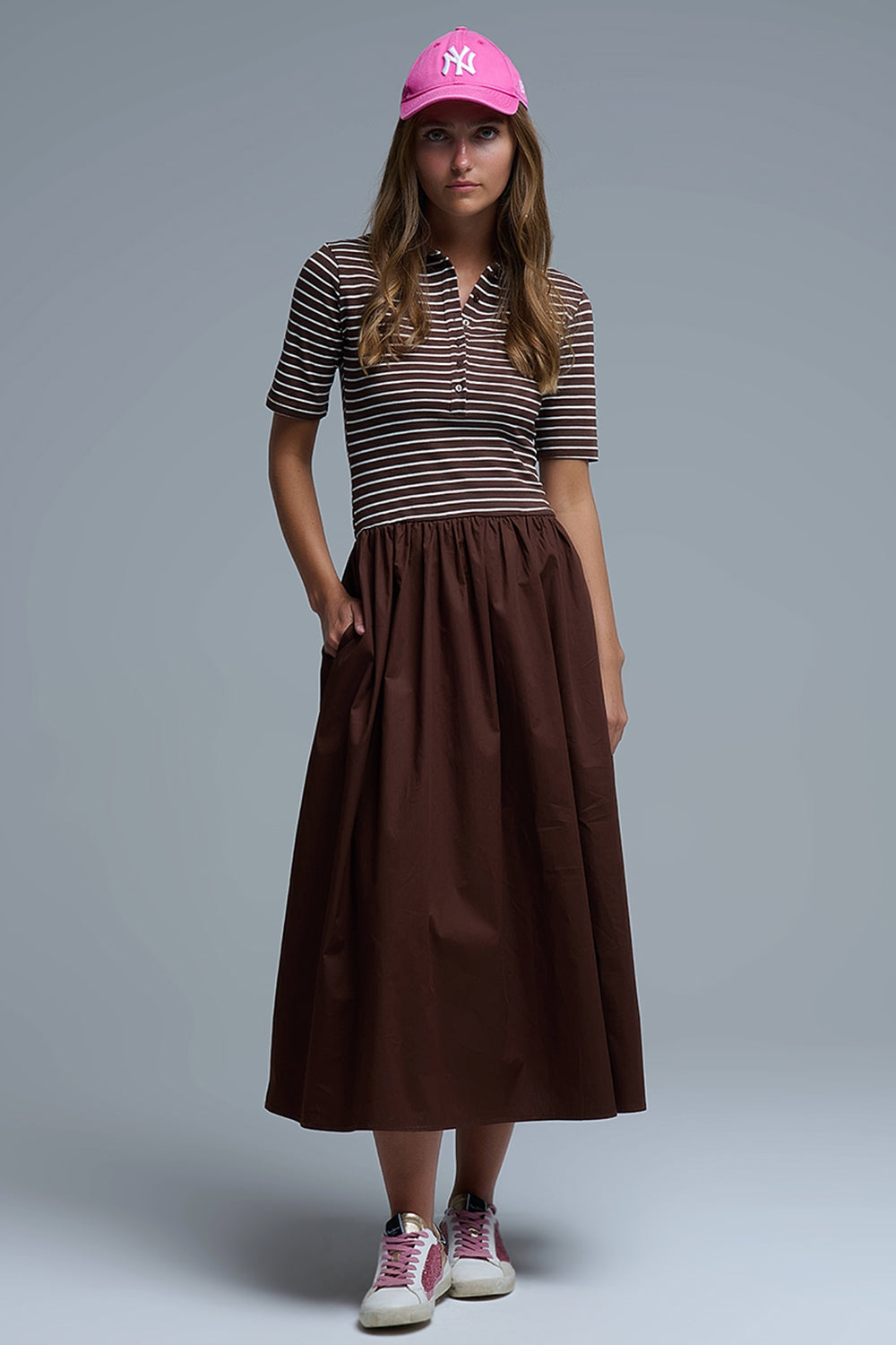 Dress With Polo Striped Top and Poplin midi Skirt in Brown