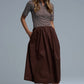 Q2 Dress With Polo Striped Top and Poplin midi Skirt in Brown