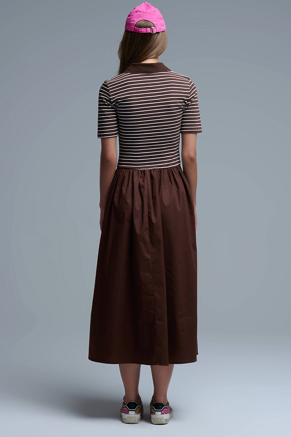 Dress With Polo Striped Top and Poplin midi Skirt in Brown