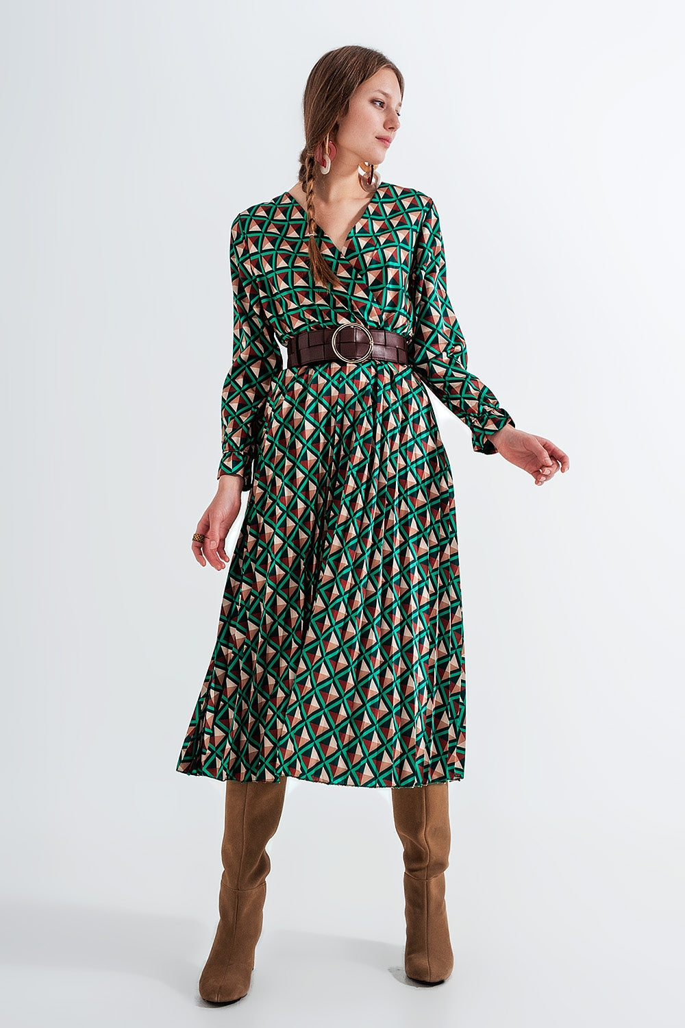 Dressed wrap tie midi dress in green geo tile print