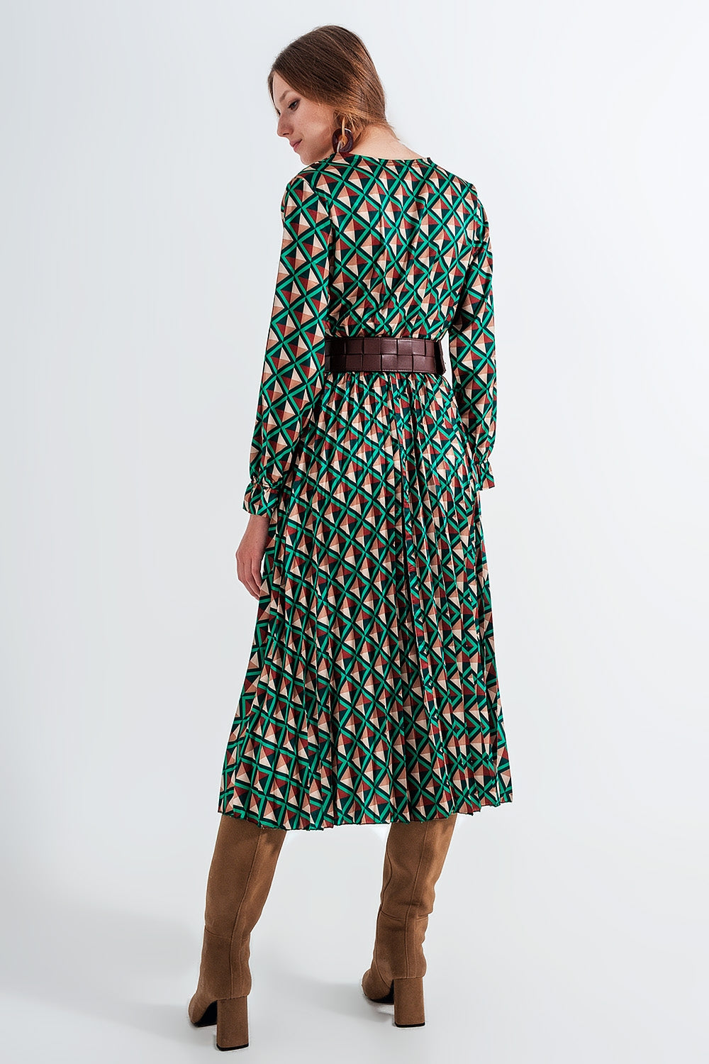 Dressed wrap tie midi dress in green geo tile print