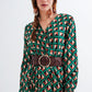 Dressed wrap tie midi dress in green geo tile print