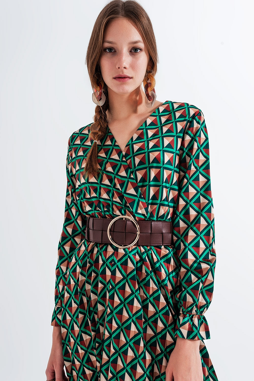 Dressed wrap tie midi dress in green geo tile print