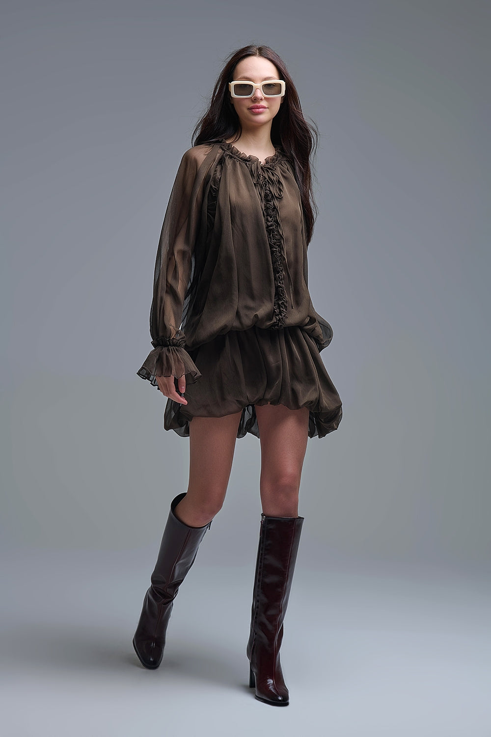 Q2 Dropped Waist Romantic Chiffon Brown Dress