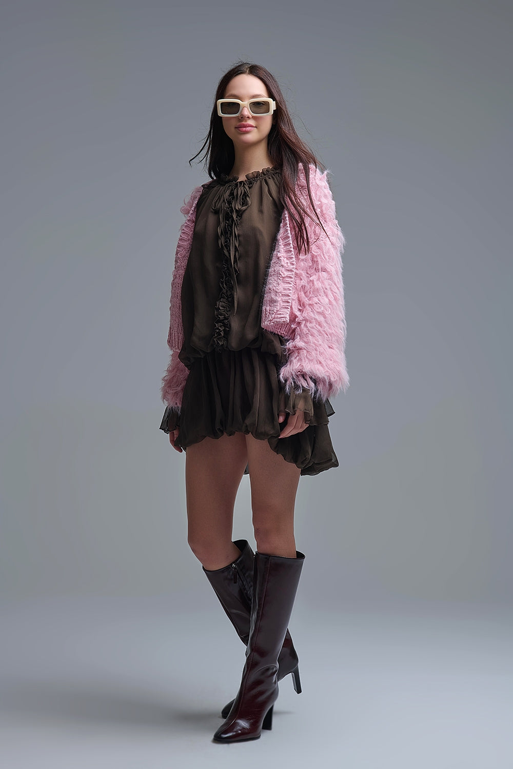 Dropped Waist Romantic Chiffon Brown Dress