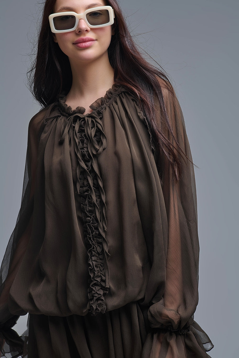 Dropped Waist Romantic Chiffon Brown Dress