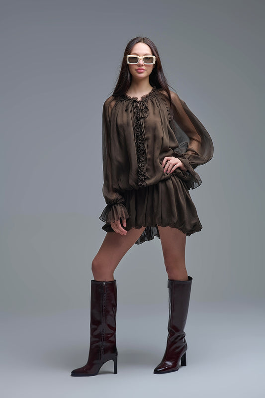 Dropped Waist Romantic Chiffon Brown Dress