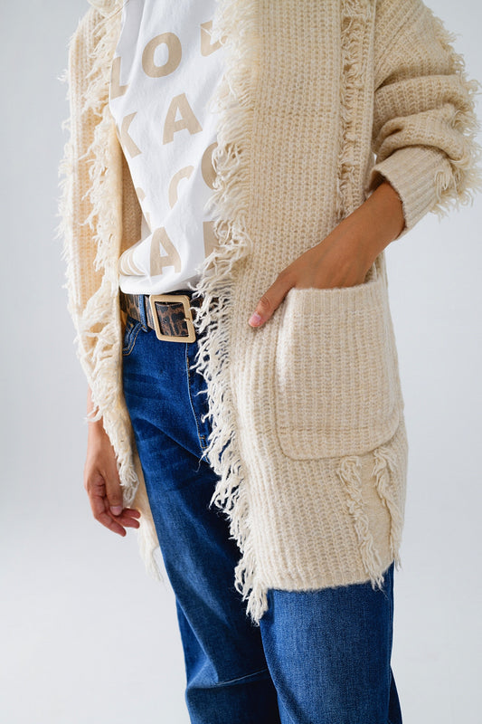 Ecru Boho Distressed Cardigan With Front Pockets