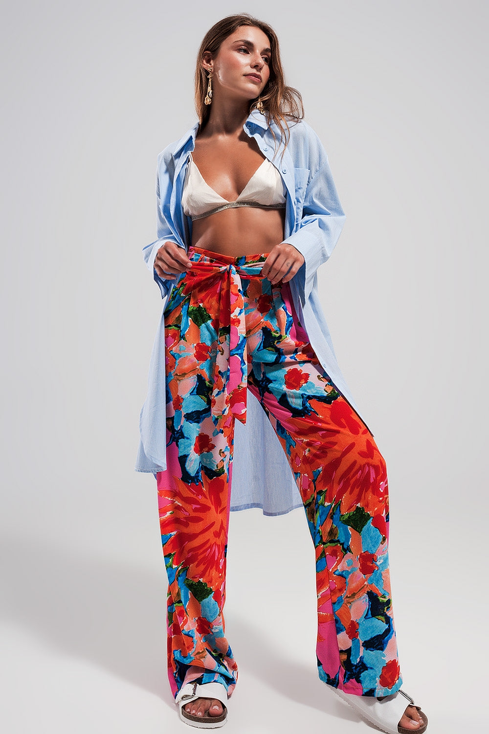 Elastic back pants in bright floral