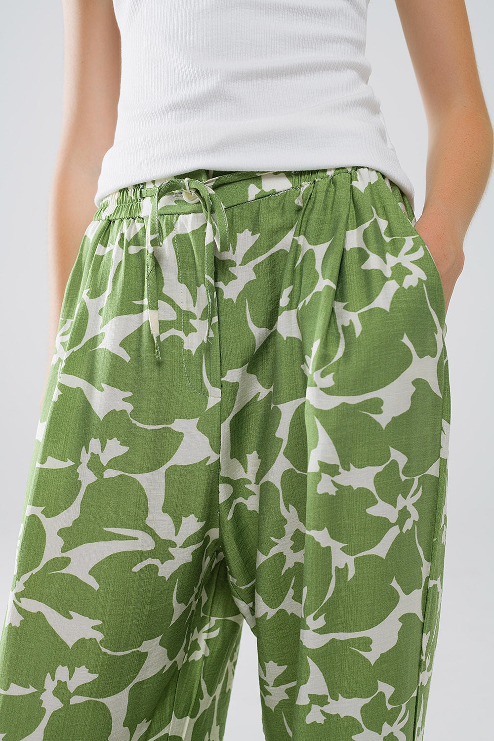 Elasticated Waist WIde Leg Pants With Green Floral Print