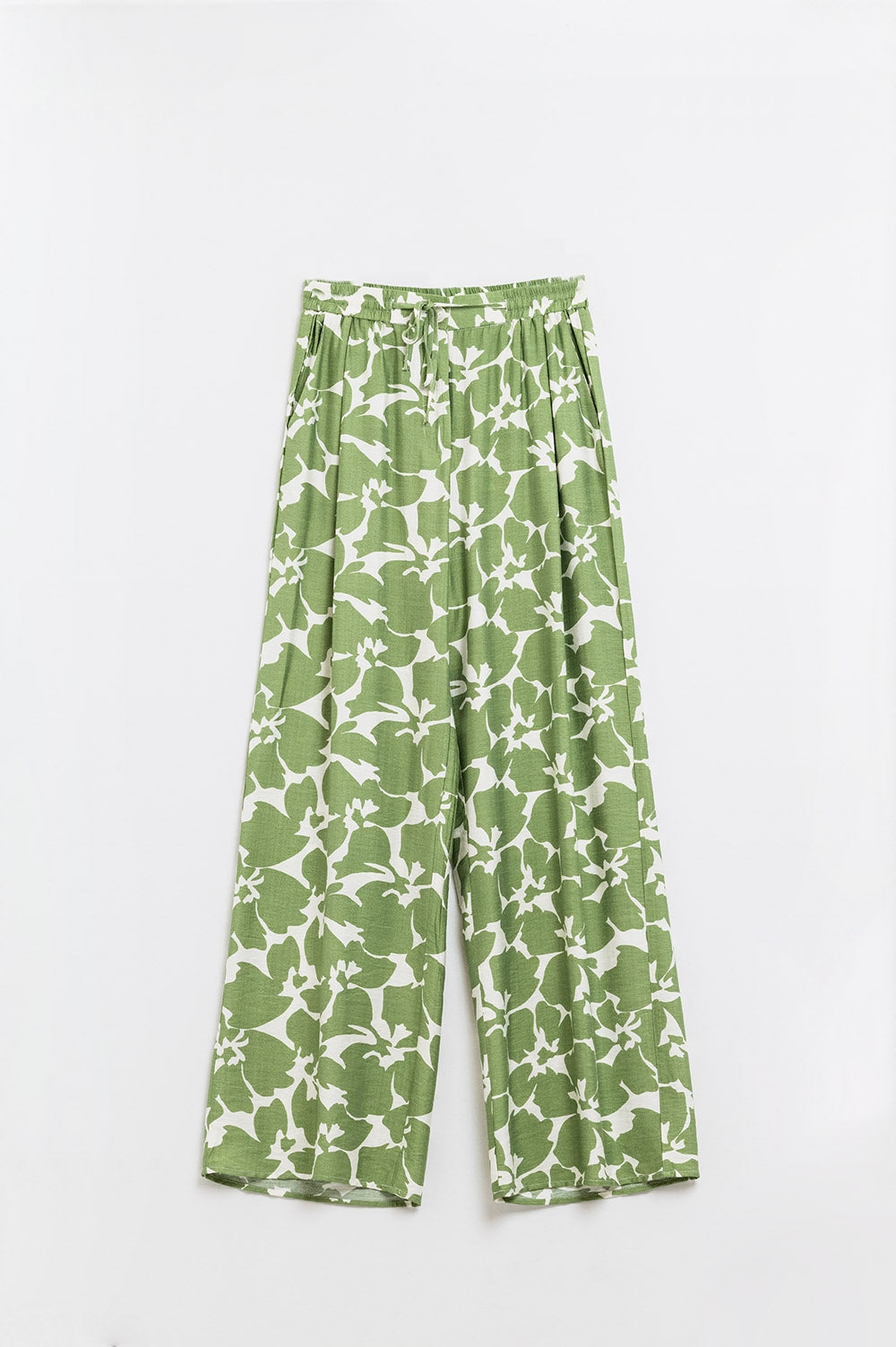 Pantalones anchos con cintura elástica y estampado floral verde