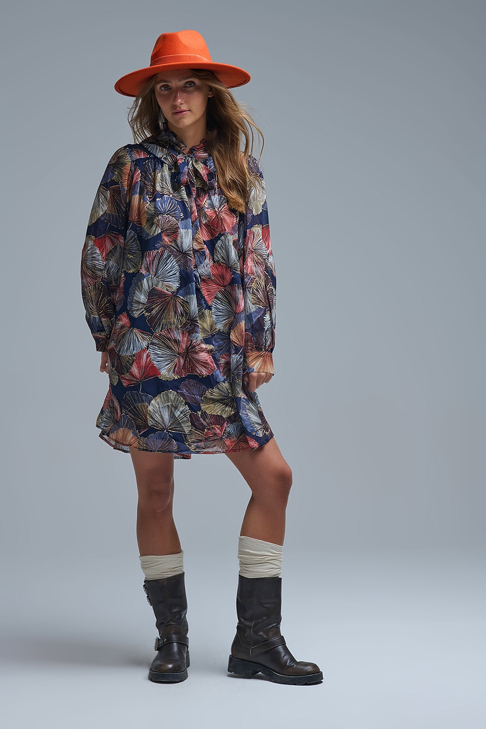 Elegant Floral A-Line Tie Neck Dress